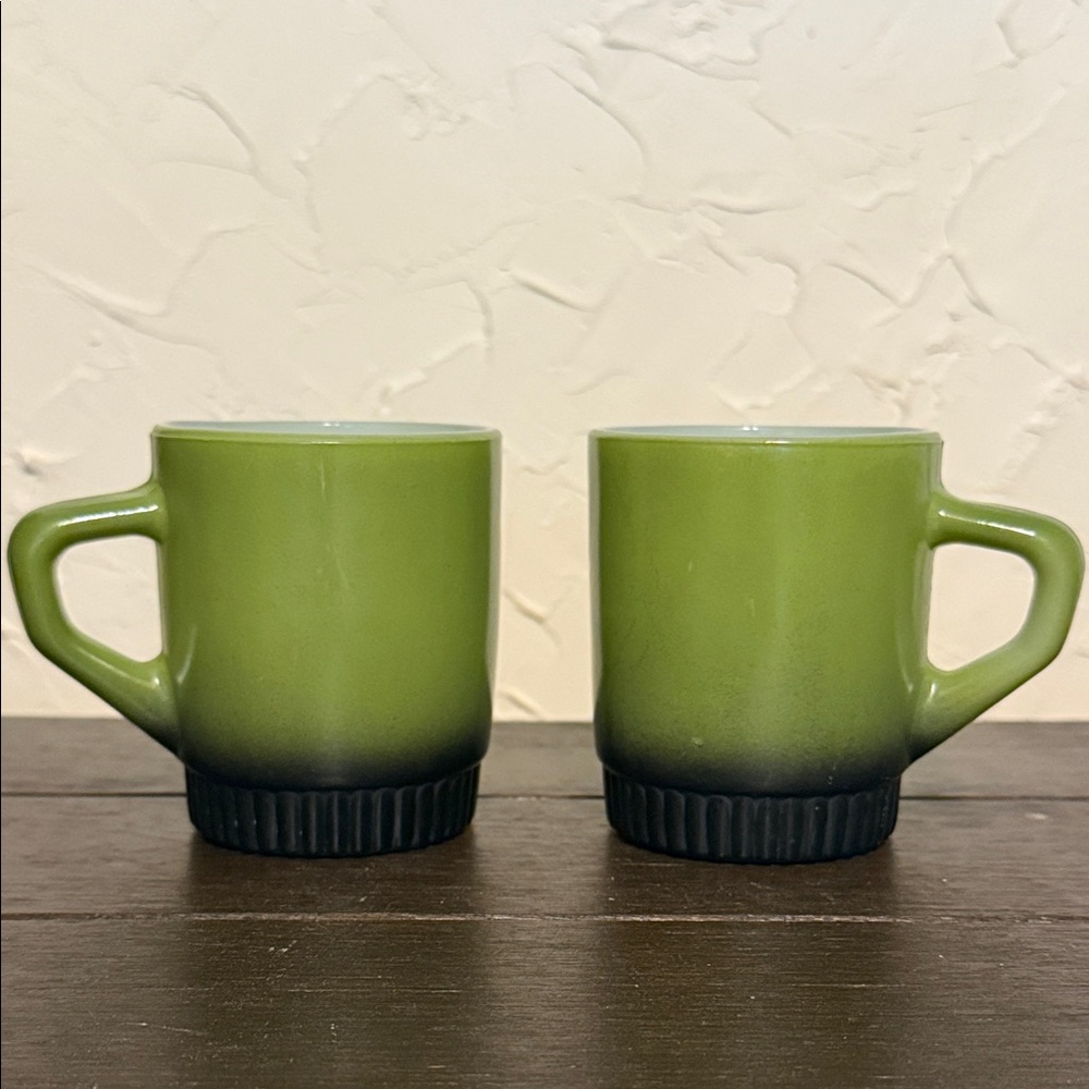 2 Fire King Anchor Hocking Avocado Green/Black Coffee Mug Vintage Stackable Cups